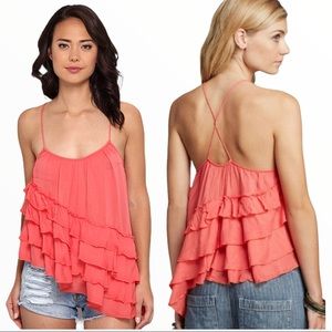 FREE PEOPLE Flutter By Tiered Ruffle Asymmetric Tank Top Coral Pink Small